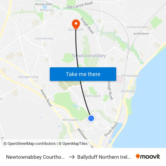 Newtownabbey Courthouse to Ballyduff Northern Ireland map