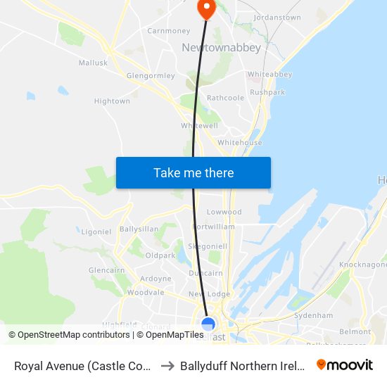 Royal Avenue (Castle Court) to Ballyduff Northern Ireland map