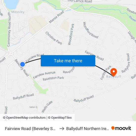 Fairview Road (Beverley Shops) to Ballyduff Northern Ireland map