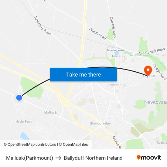 Mallusk(Parkmount) to Ballyduff Northern Ireland map