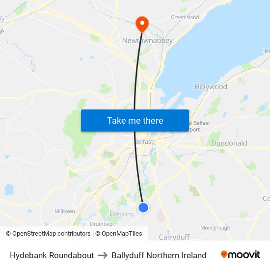 Hydebank Roundabout to Ballyduff Northern Ireland map