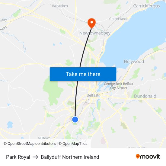 Park Royal to Ballyduff Northern Ireland map