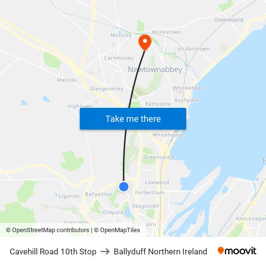 Cavehill Road 10th Stop to Ballyduff Northern Ireland map