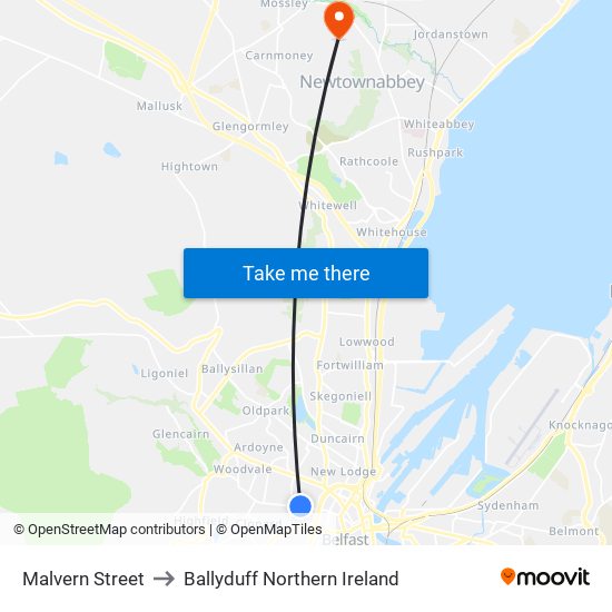 Malvern Street to Ballyduff Northern Ireland map