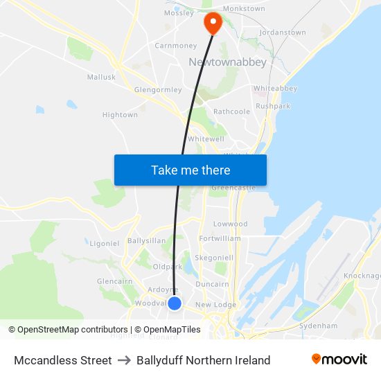 Mccandless Street to Ballyduff Northern Ireland map