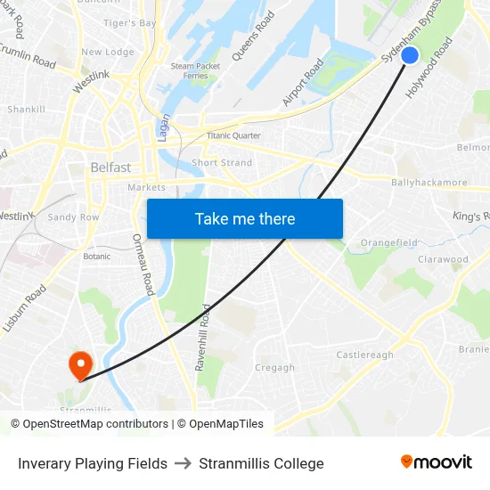 Inverary Playing Fields to Stranmillis College map