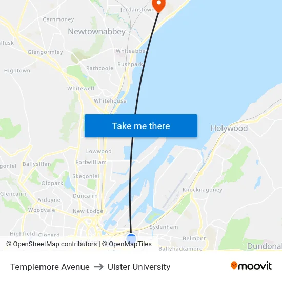 Templemore Avenue to Ulster University map