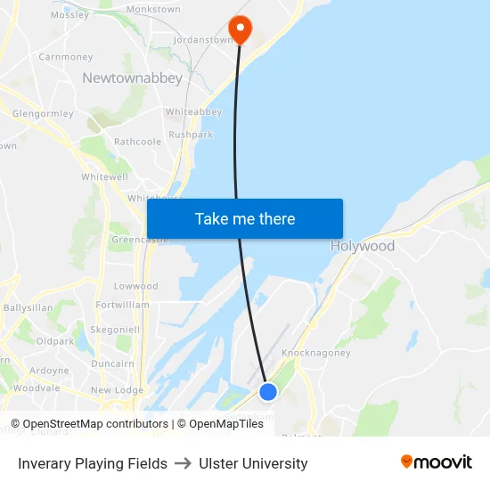 Inverary Playing Fields to Ulster University map
