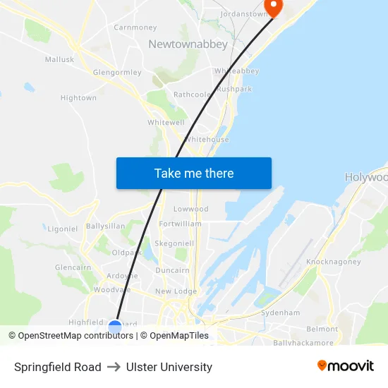 Springfield Road to Ulster University map