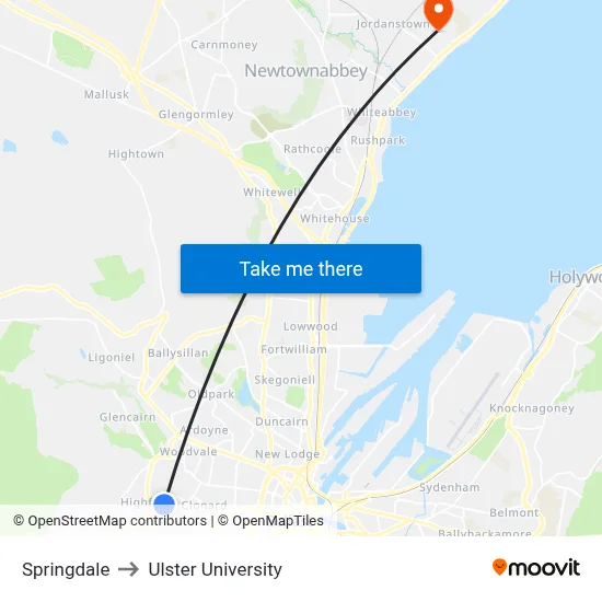 Springdale to Ulster University map