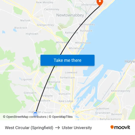 West Circular (Springfield) to Ulster University map