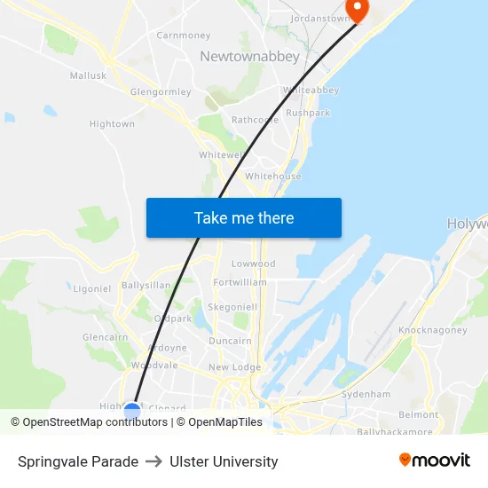 Springvale Parade to Ulster University map