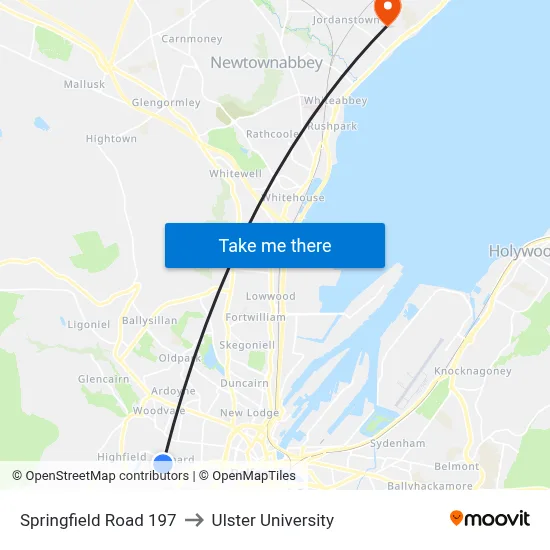 Springfield Road 197 to Ulster University map