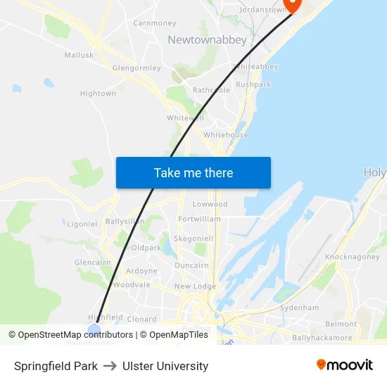 Springfield Park to Ulster University map