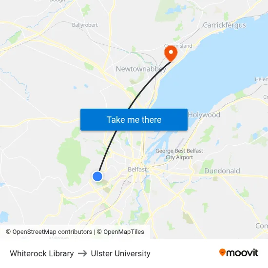 Whiterock Library to Ulster University map
