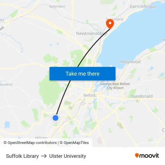 Suffolk Library to Ulster University map