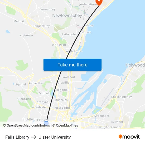 Falls Library to Ulster University map