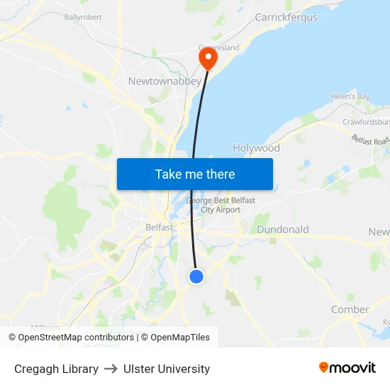Cregagh Library to Ulster University map