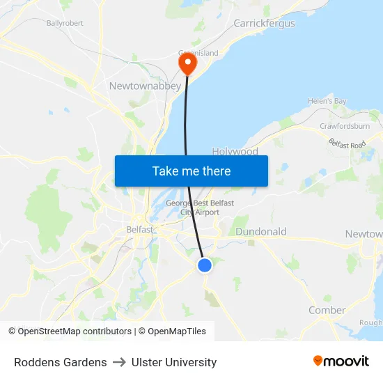Roddens Gardens to Ulster University map