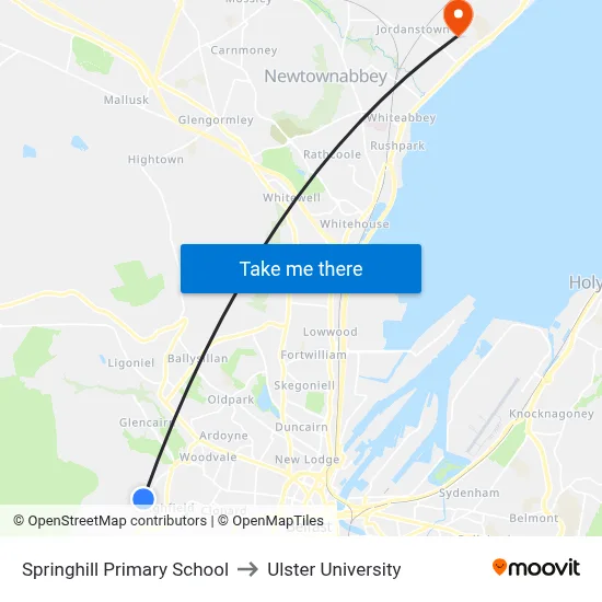 Springhill Primary School to Ulster University map