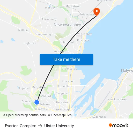 Everton Complex to Ulster University map