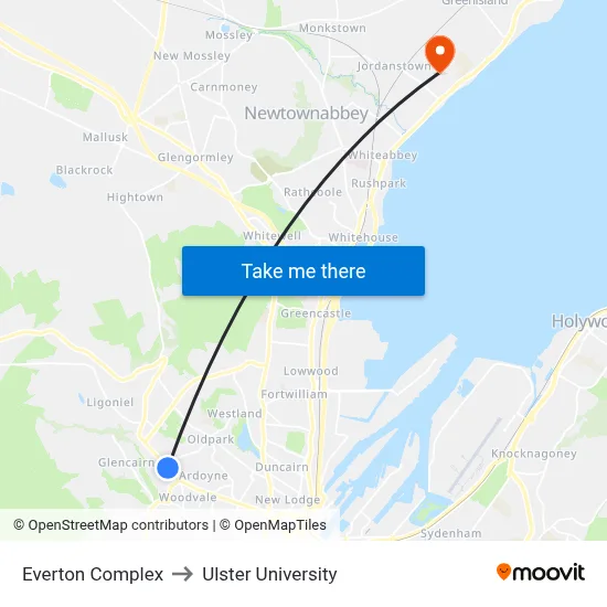 Everton Complex to Ulster University map