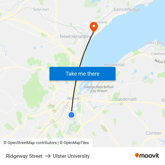 Ridgeway Street to Ulster University map