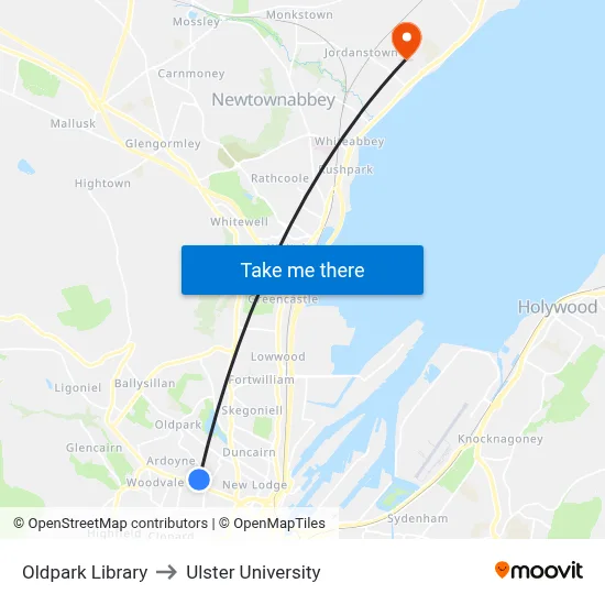 Oldpark Library to Ulster University map