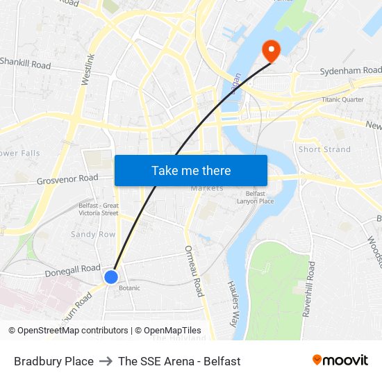 Bradbury Place to The SSE Arena - Belfast map