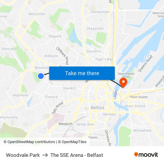 Woodvale Park to The SSE Arena - Belfast map