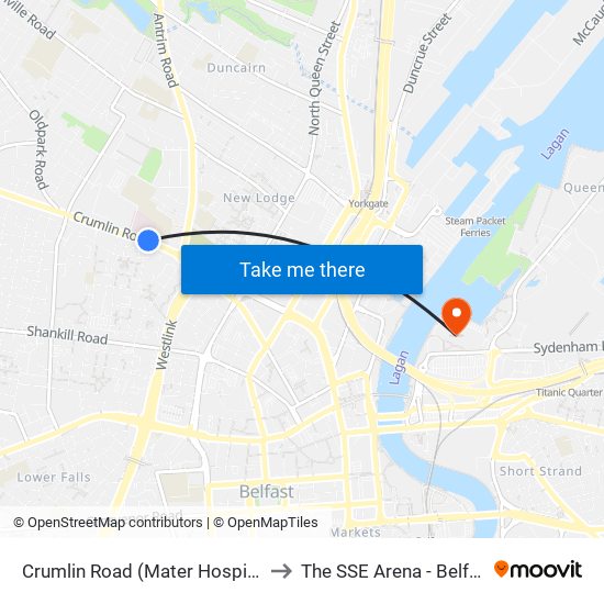 Crumlin Road (Mater Hospital) to The SSE Arena - Belfast map