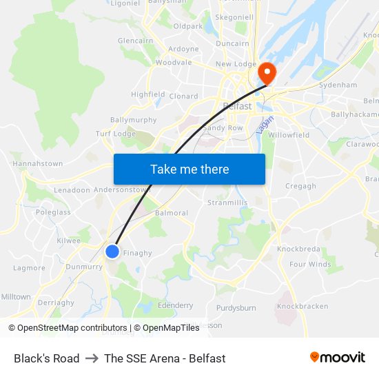 Black's Road to The SSE Arena - Belfast map