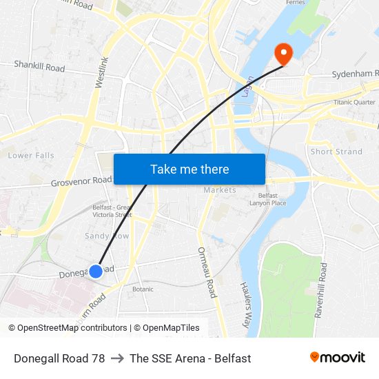 Donegall Road 78 to The SSE Arena - Belfast map