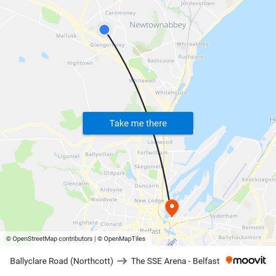 Ballyclare Road (Northcott) to The SSE Arena - Belfast map