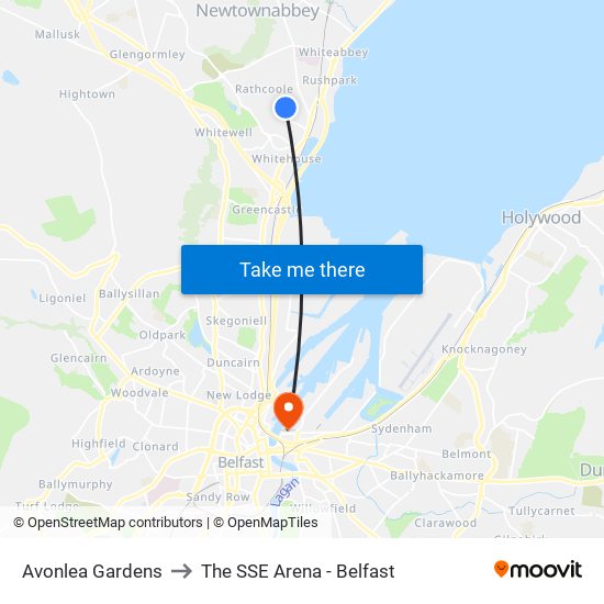Avonlea Gardens to The SSE Arena - Belfast map