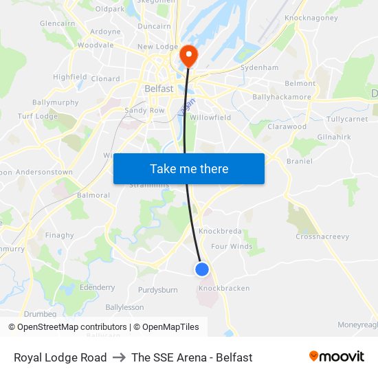 Royal Lodge Road to The SSE Arena - Belfast map