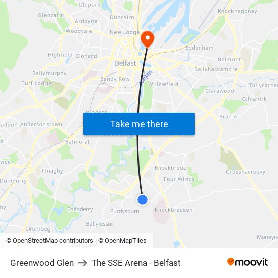 Greenwood Glen to The SSE Arena - Belfast map