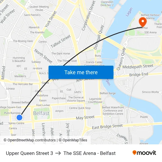 Upper Queen Street 3 to The SSE Arena - Belfast map