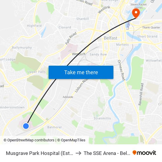 Musgrave Park Hospital (Estates) to The SSE Arena - Belfast map
