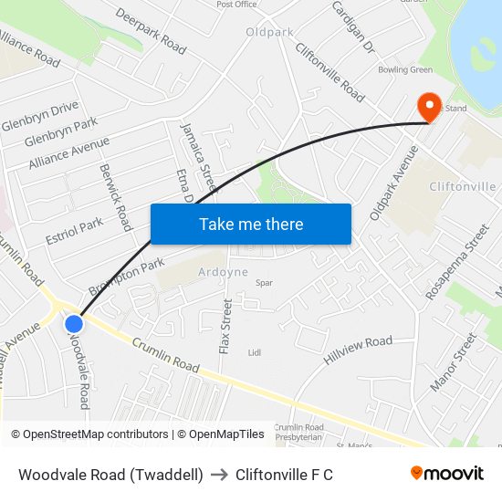 Woodvale Road (Twaddell) to Cliftonville F C map