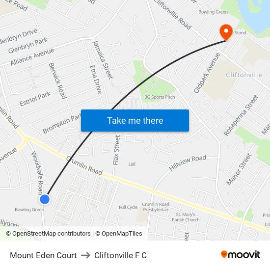 Mount Eden Court to Cliftonville F C map