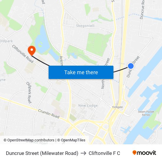 Duncrue Street (Milewater Road) to Cliftonville F C map