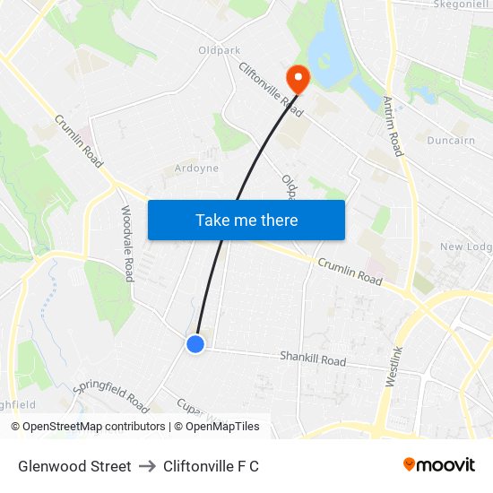 Glenwood Street to Cliftonville F C map
