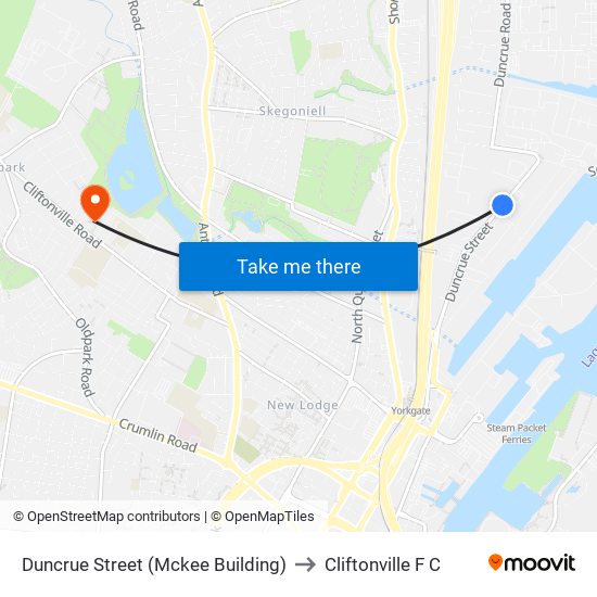 Duncrue Street (Mckee Building) to Cliftonville F C map
