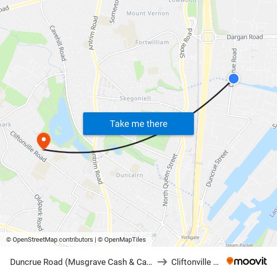 Duncrue Road (Musgrave Cash & Carry) to Cliftonville F C map