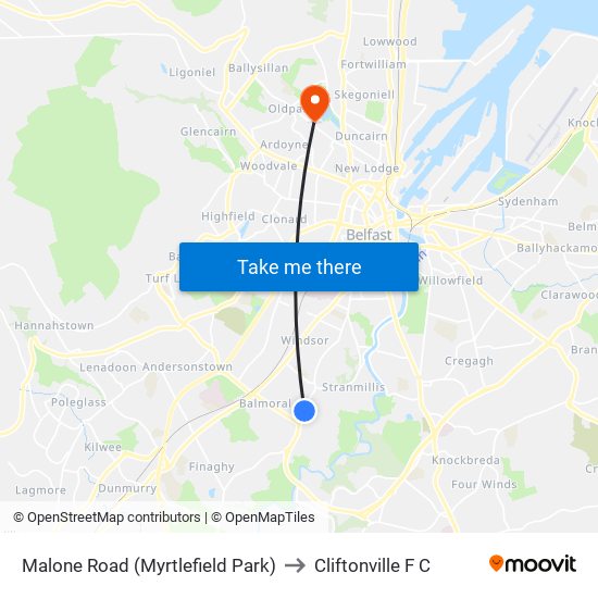 Malone Road (Myrtlefield Park) to Cliftonville F C map