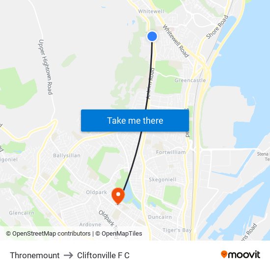 Thronemount to Cliftonville F C map