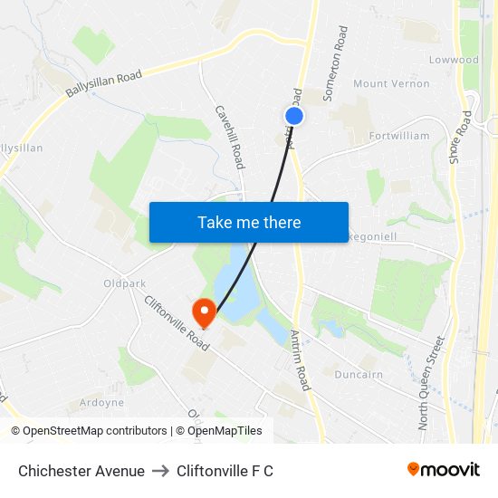 Chichester Avenue to Cliftonville F C map