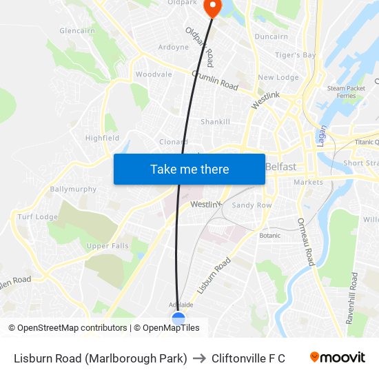 Lisburn Road (Marlborough Park) to Cliftonville F C map