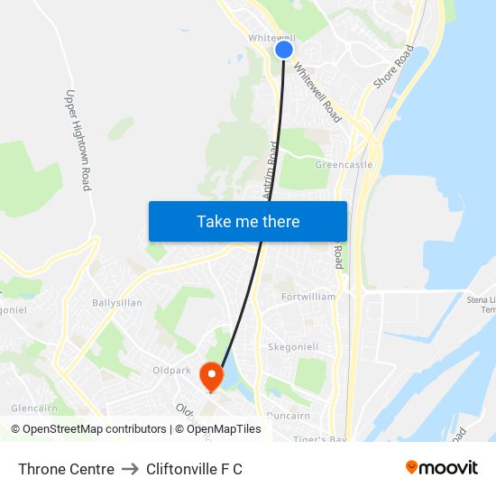 Throne Centre to Cliftonville F C map